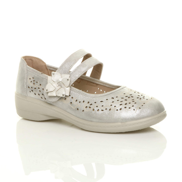 Front right side view of Silver PU Mary Jane Grip Sole Comfort Shoes
