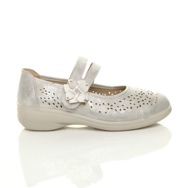 Right side view of Silver PU Mary Jane Grip Sole Comfort Shoes