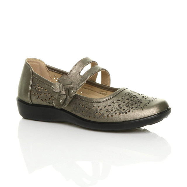 Front right side view of Pewter PU Mary Jane Grip Sole Comfort Shoes