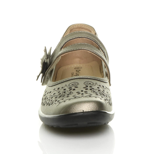 Front view of Pewter PU Mary Jane Grip Sole Comfort Shoes