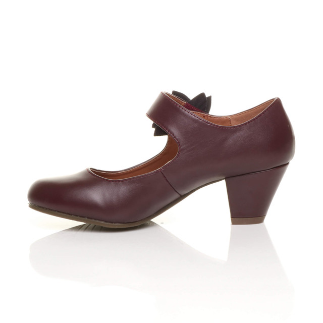 Left side view of Burgundy PU Flower Mary Jane Padded Comfort Court Shoes