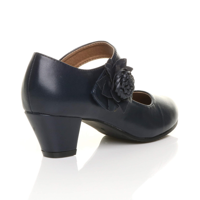Back right side view of Navy PU Flower Mary Jane Padded Comfort Court Shoes