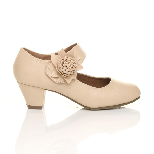 Right side view of Nude PU Flower Mary Jane Padded Comfort Court Shoes