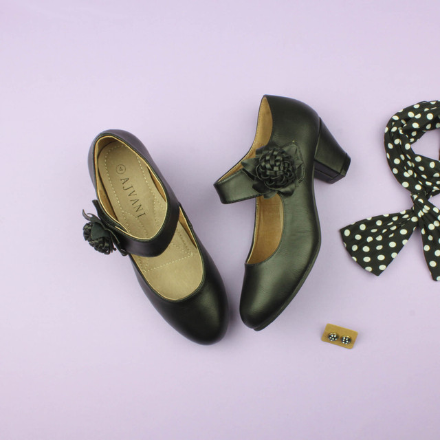 Black PU Flower Mary Jane Padded Comfort Court Shoes