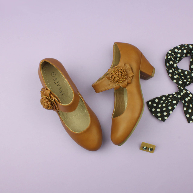 Tan PU Flower Mary Jane Padded Comfort Court Shoes