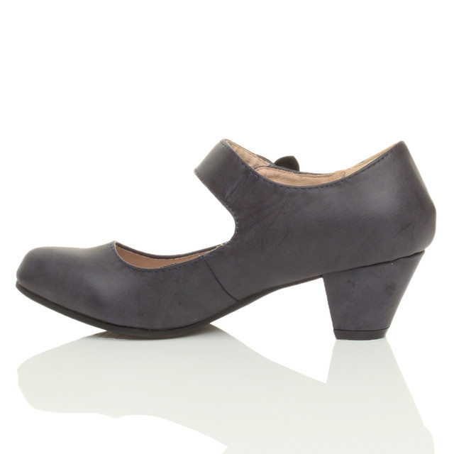 Left side view of Pale Navy PU Flower Mary Jane Padded Comfort Court Shoes