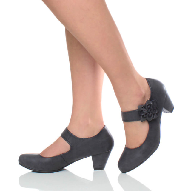 Model wearing Pale Navy PU Flower Mary Jane Padded Comfort Court Shoes