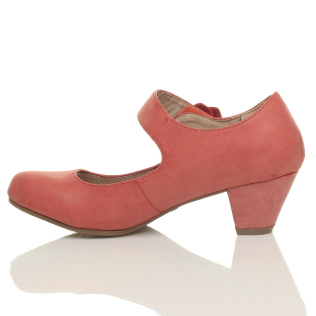 Left side view of Pale Red PU Flower Mary Jane Padded Comfort Court Shoes
