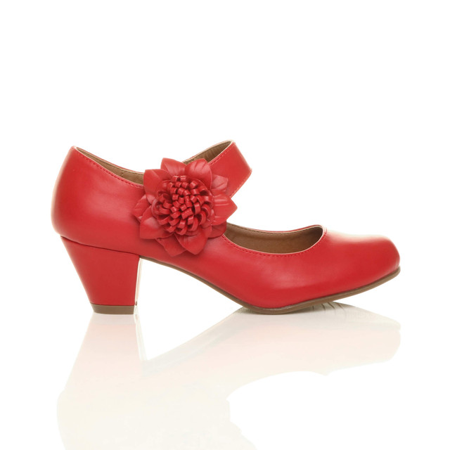 Right side view of Red PU Flower Mary Jane Padded Comfort Court Shoes