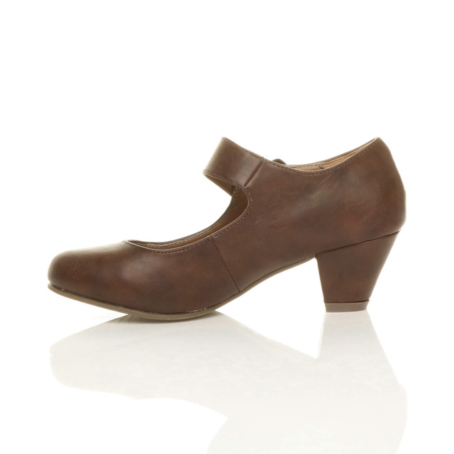 Left side view of Brown PU Flower Mary Jane Padded Comfort Court Shoes