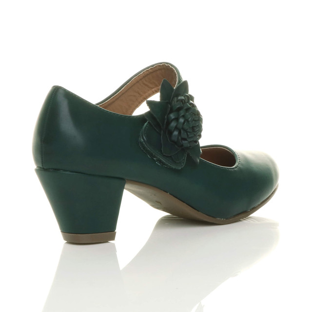 Back right side view of Teal Green PU Flower Mary Jane Padded Comfort Court Shoes