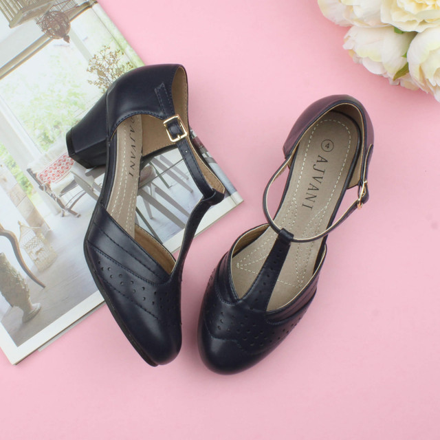 Navy PU Vintage Mid Heel T-Bar Brogue Shoes Sandals