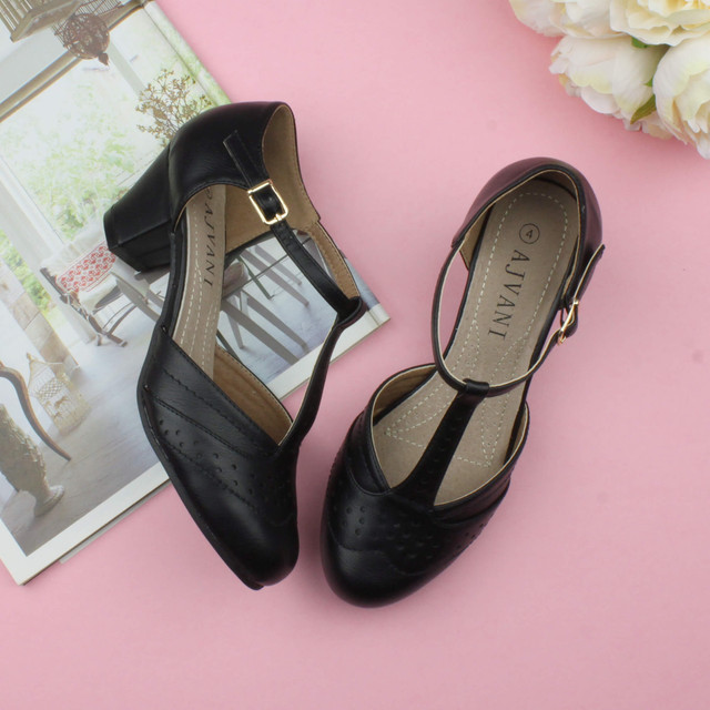 Black PU Vintage Mid Heel T-Bar Brogue Shoes Sandals