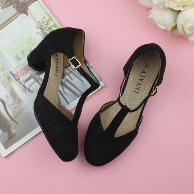 Black Suede Vintage Mid Heel T-Bar Brogue Shoes Sandals