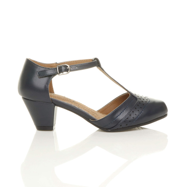 Right side view of Navy PU Mid Heel T-Bar Brogue Shoes Sandals