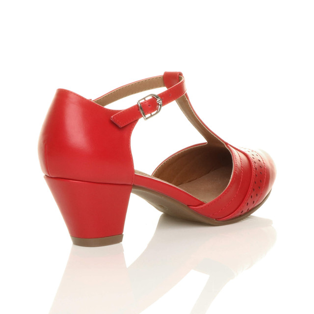 Back right side view of Red PU Mid Heel T-Bar Brogue Shoes Sandals
