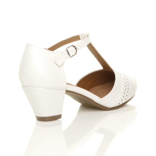 Back right side view of White PU Mid Heel T-Bar Brogue Shoes Sandals