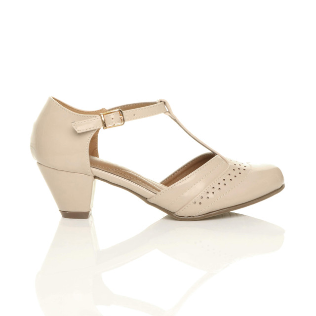 Right side view of Nude Patent Mid Heel T-Bar Brogue Shoes Sandals