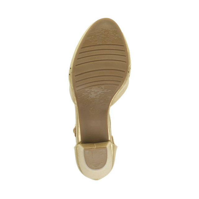 Bottom view of the sole of Gold PU Mid Heel T-Bar Brogue Shoes Sandals