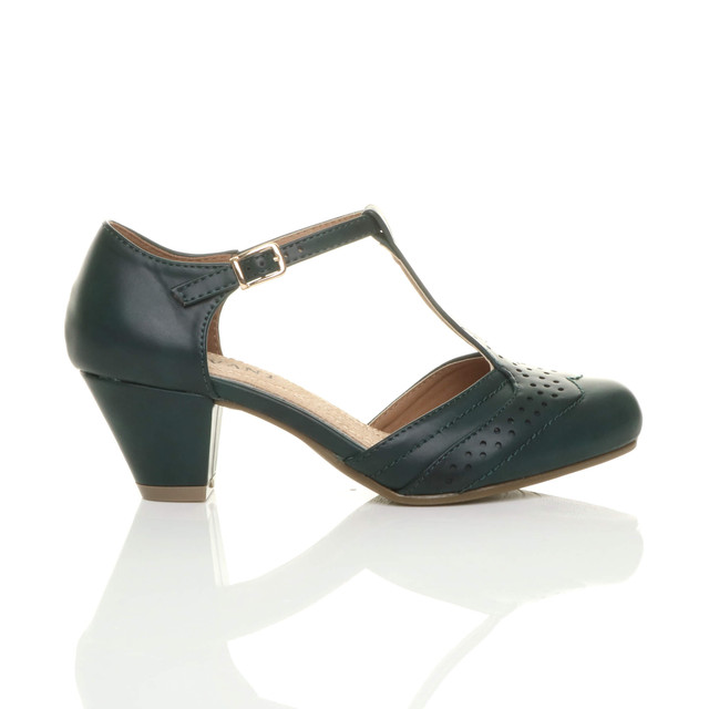 Right side view of Dark Teal Green PU Mid Heel T-Bar Brogue Shoes Sandals