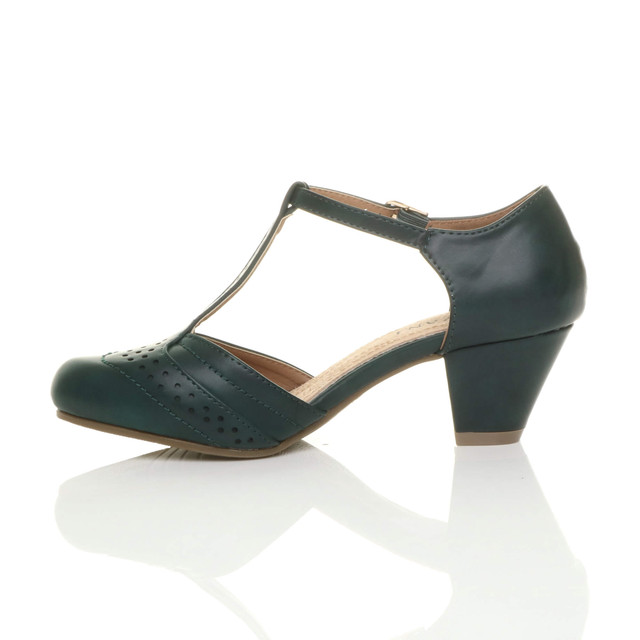 Left side view of Dark Teal Green PU Mid Heel T-Bar Brogue Shoes Sandals