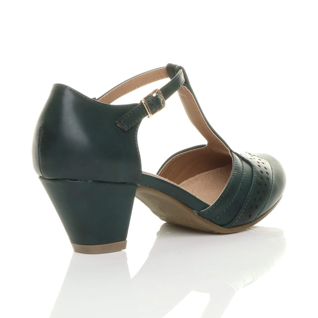 Back right side view of Dark Teal Green PU Mid Heel T-Bar Brogue Shoes Sandals