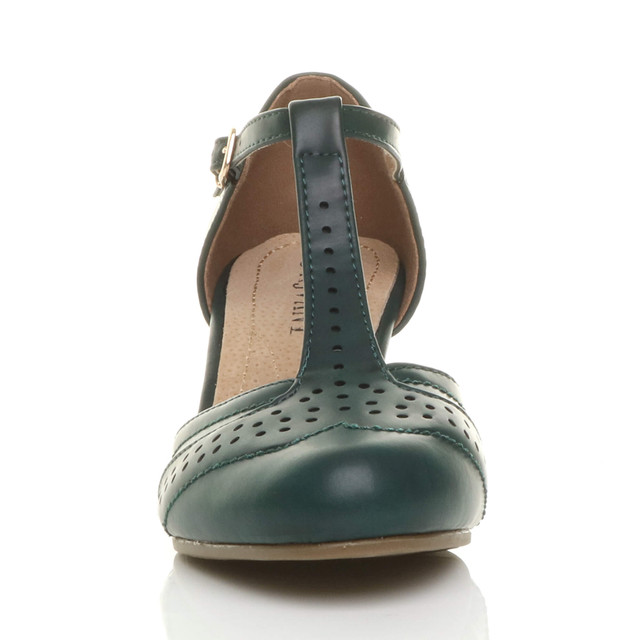 Front view of Dark Teal Green PU Mid Heel T-Bar Brogue Shoes Sandals