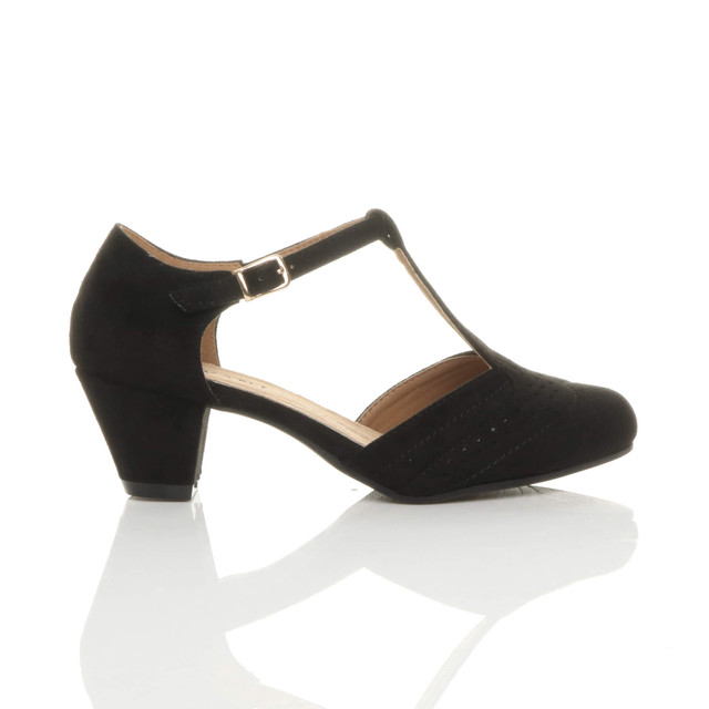 Right side view of Black Suede Mid Heel T-Bar Brogue Shoes Sandals