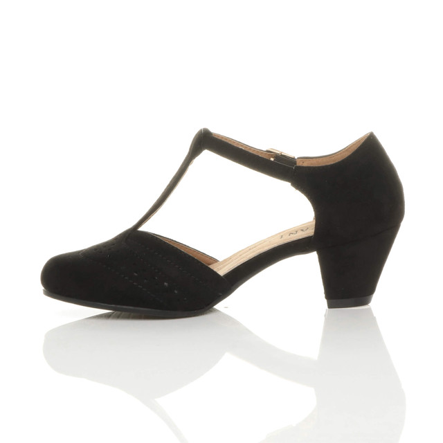 Left side view of Black Suede Mid Heel T-Bar Brogue Shoes Sandals