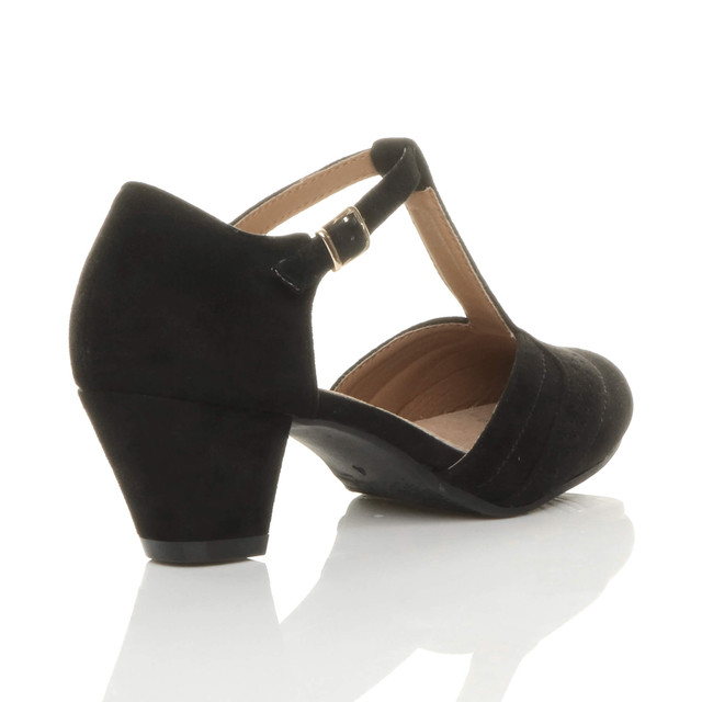 Back right side view of Black Suede Mid Heel T-Bar Brogue Shoes Sandals