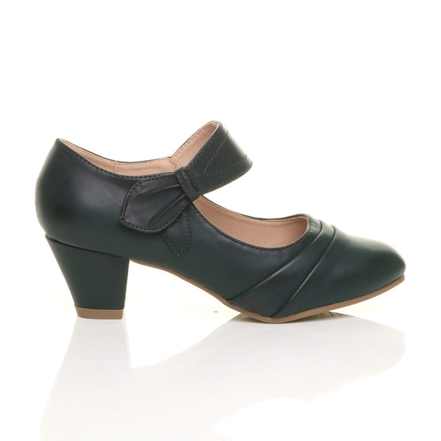 Right side view of Dark Teal Green PU Mid Heel Comfort Touch Close Mary Jane Court Shoes