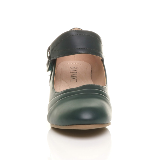 Front view of Dark Teal Green PU Mid Heel Comfort Touch Close Mary Jane Court Shoes