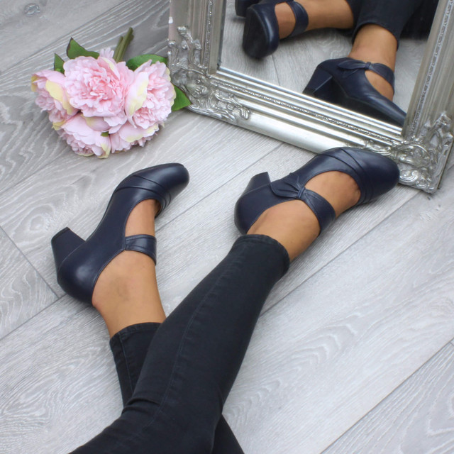 Model wearing Navy PU Mid Heel Comfort Touch Close Mary Jane Court Shoes