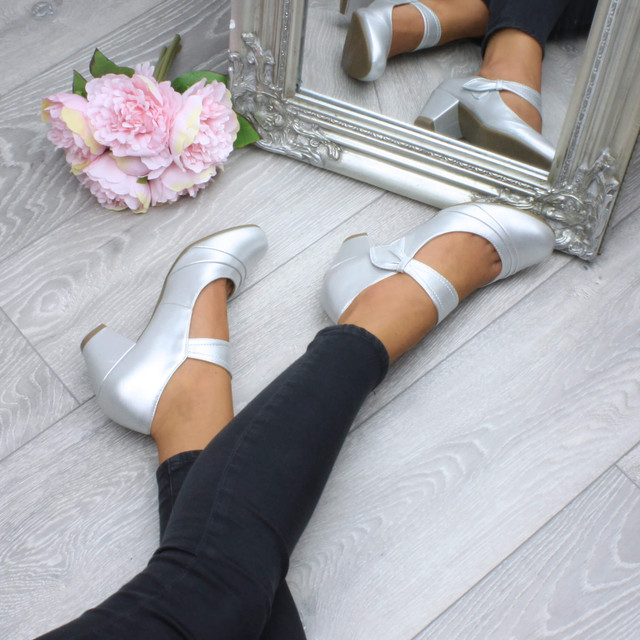 Model wearing Silver PU Mid Heel Comfort Touch Close Mary Jane Court Shoes