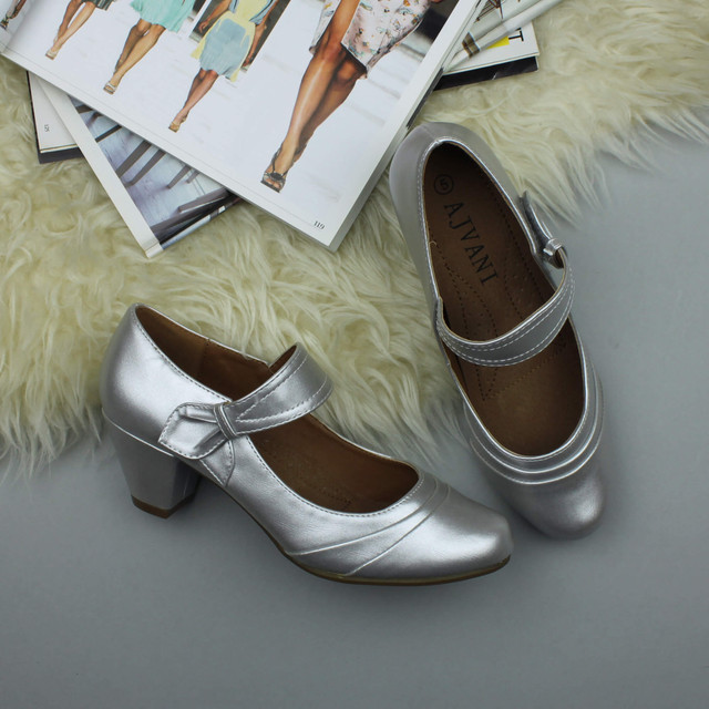 Silver PU Mid Heel Comfort Touch Close Mary Jane Court Shoes
