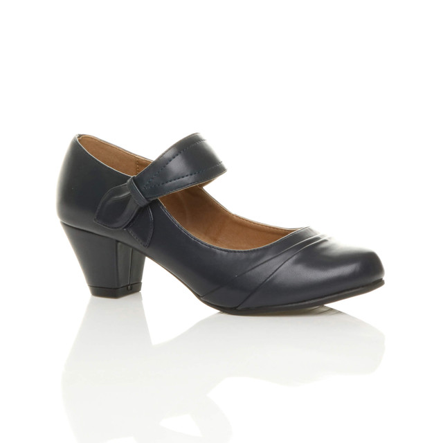 Front right side view of Navy PU Mid Heel Comfort Touch Close Mary Jane Court Shoes