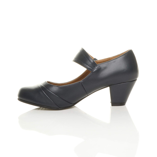 Left side view of Navy PU Mid Heel Comfort Touch Close Mary Jane Court Shoes