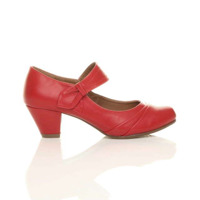 Right side view of Red PU Mid Heel Comfort Touch Close Mary Jane Court Shoes