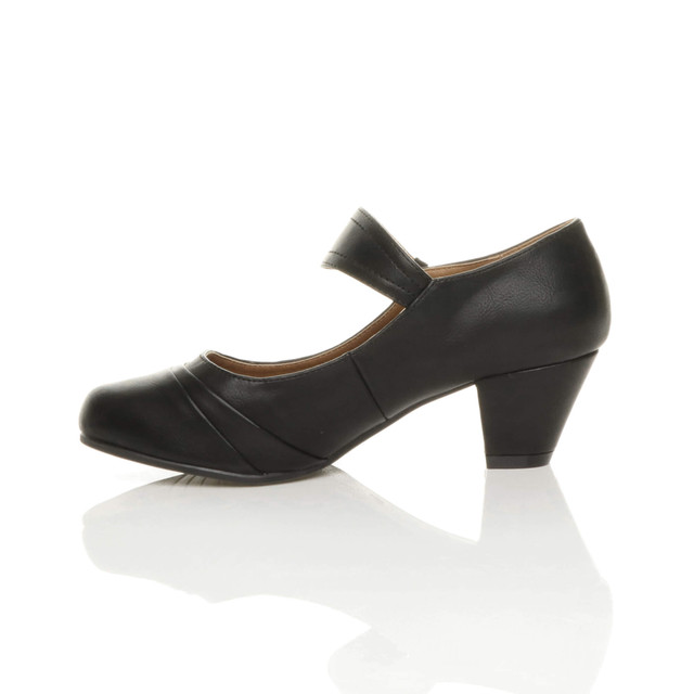 Left side view of Black PU Mid Heel Comfort Touch Close Mary Jane Court Shoes