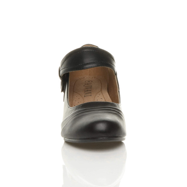 Front view of Black PU Mid Heel Comfort Touch Close Mary Jane Court Shoes
