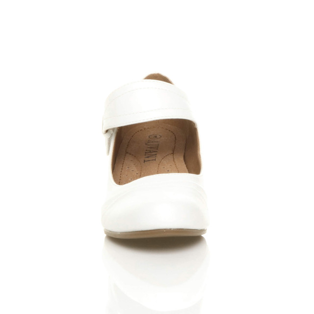Front view of White PU Mid Heel Comfort Touch Close Mary Jane Court Shoes