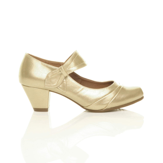 Right side view of Gold PU Mid Heel Comfort Touch Close Mary Jane Court Shoes