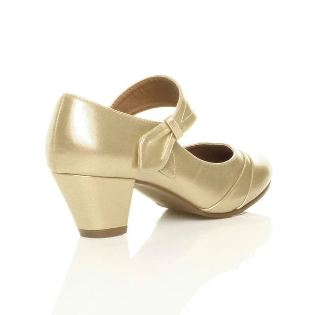 Back right side view of Gold PU Mid Heel Comfort Touch Close Mary Jane Court Shoes