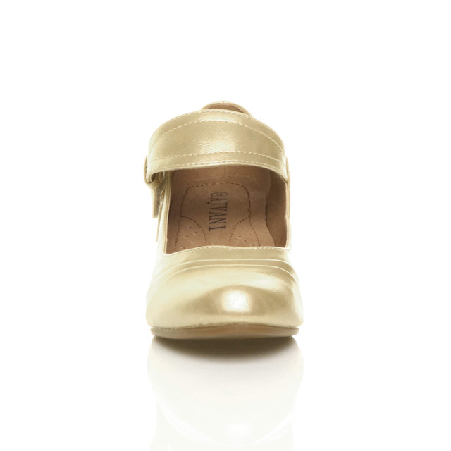 Front view of Gold PU Mid Heel Comfort Touch Close Mary Jane Court Shoes