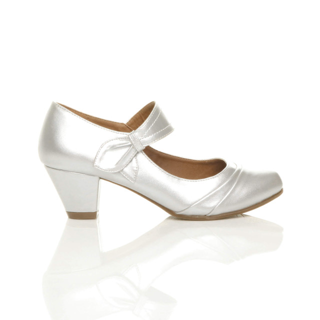 Right side view of Silver PU Mid Heel Comfort Touch Close Mary Jane Court Shoes