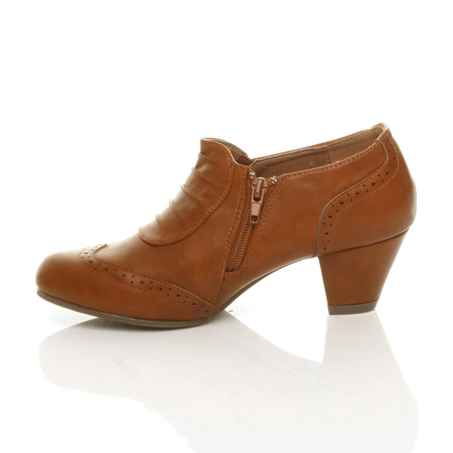 Left side view of Tan PU Mid Heel Buttons Brogue Ankle Boots Booties