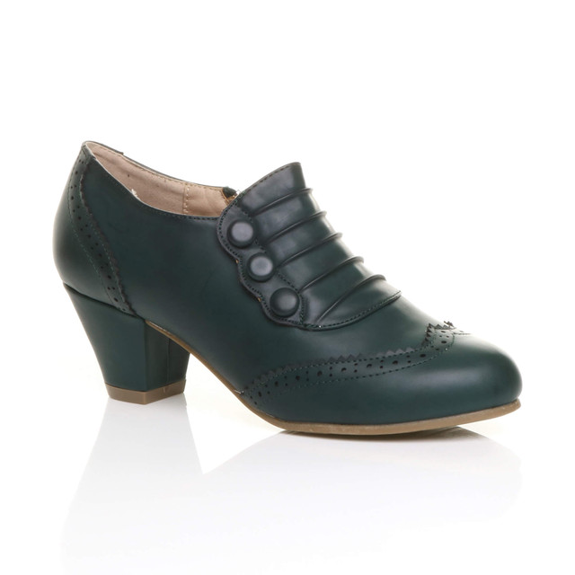 Front right side view of Teal Green PU Mid Heel Buttons Brogue Ankle Boots Booties