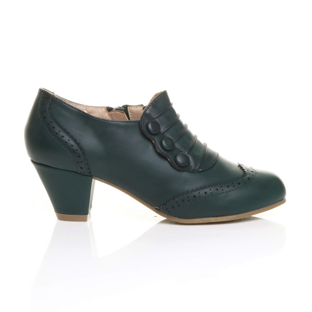 Right side view of Teal Green PU Mid Heel Buttons Brogue Ankle Boots Booties