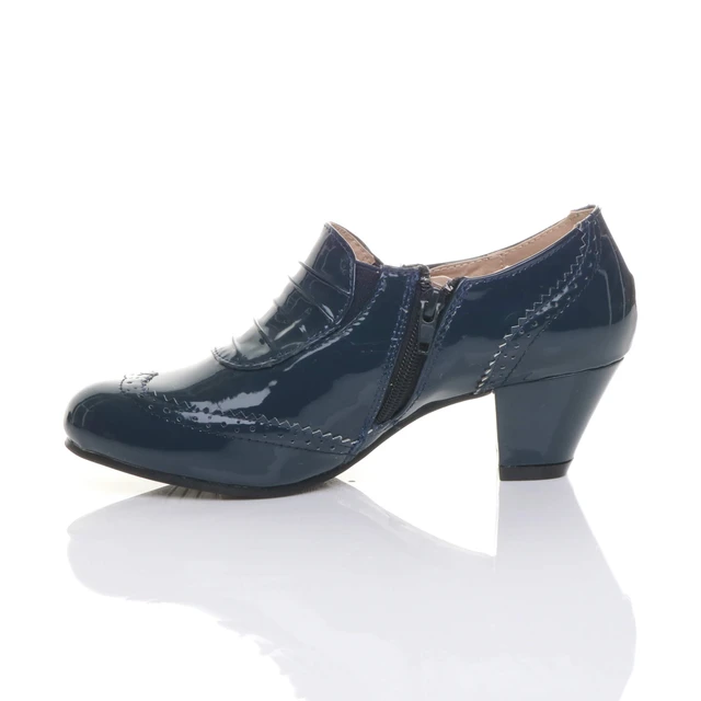Left side view of Navy Patent Mid Heel Buttons Brogue Ankle Boots Booties