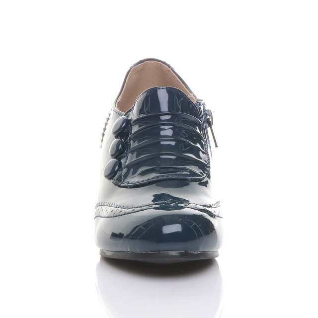 Front view of Navy Patent Mid Heel Buttons Brogue Ankle Boots Booties